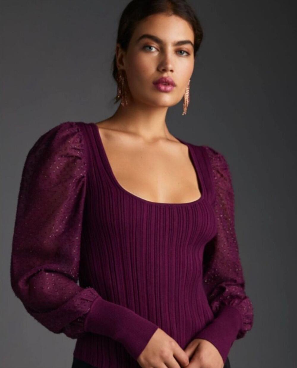Anthropologie Purple Ribbed Sweater Sheer Sleeves Womens Large